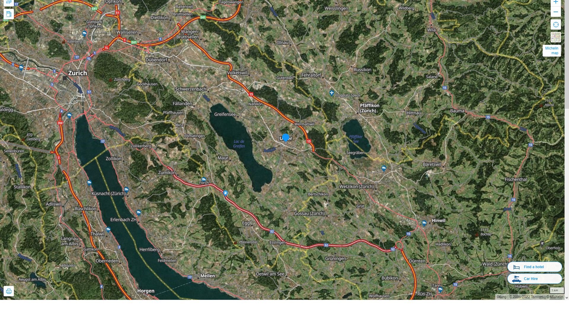 Uster Suisse Autoroute et carte routiere avec vue satellite